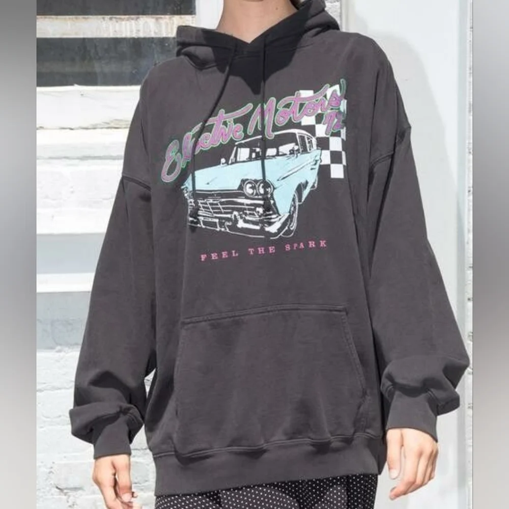 Brandy Melville Oversized Electric Motors 72 Heavyweight Hoodie, Faded Gray, EUC - Picture 1 of 10